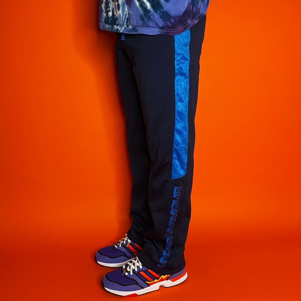 Vintage Y2K Under Armour Sweatpants Youth XL Navy Blue Polyester Spellout Logo